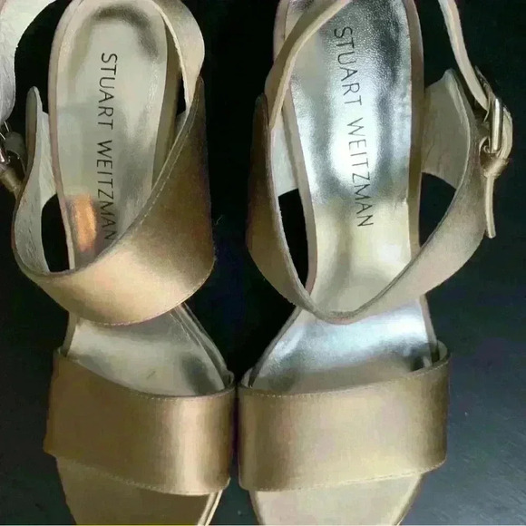 $498 Stuart Weitzman Beige PARTISAN Satin Block Mirror Heel Sandals Size 6 - Picture 5 of 7